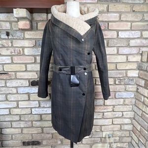 KARL DONOGHUE waxed cotton & leather belted tartan coat with lambskin